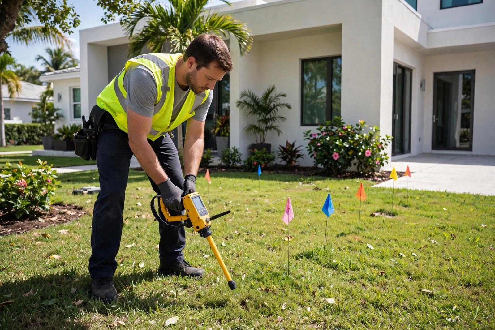 Water line leak detection Miami: line locating equipment tracing a buried water line